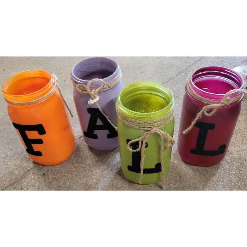 Handcrafted 4 Pc Mason Jars  FALL Orange Pure Red Green Black Letters Jute
